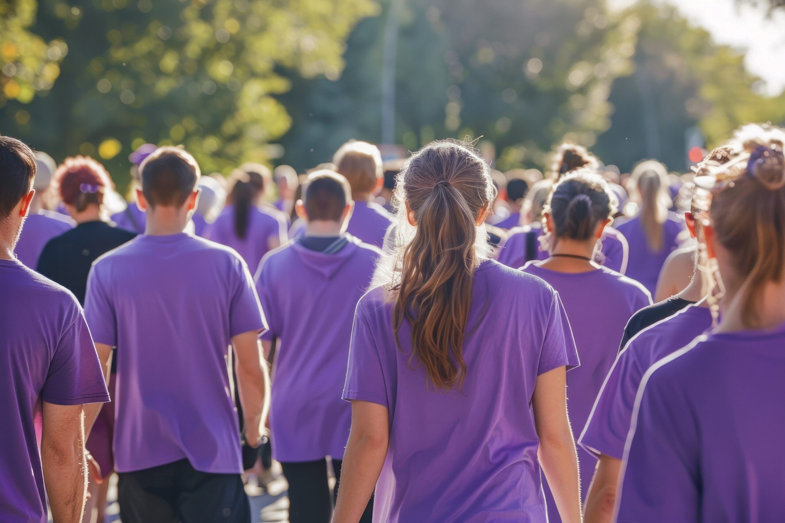 A group of people wearing purple shirts at a charity walk for IBD awareness