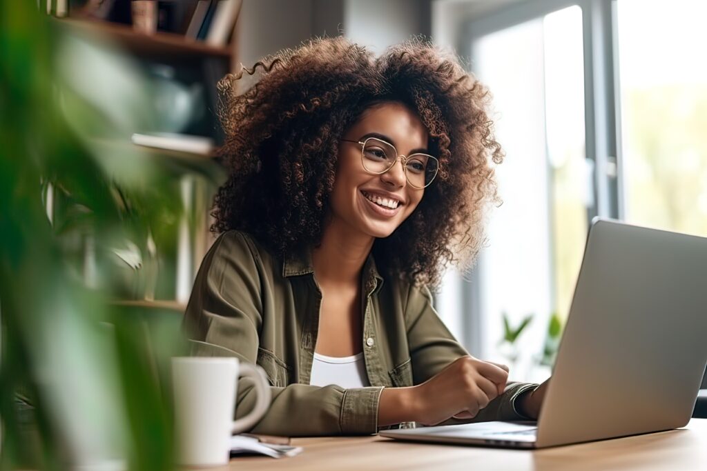 A beautiful girl with a smile on her face communicates with colleagues online, on a laptop. Generative AI. High quality illustration