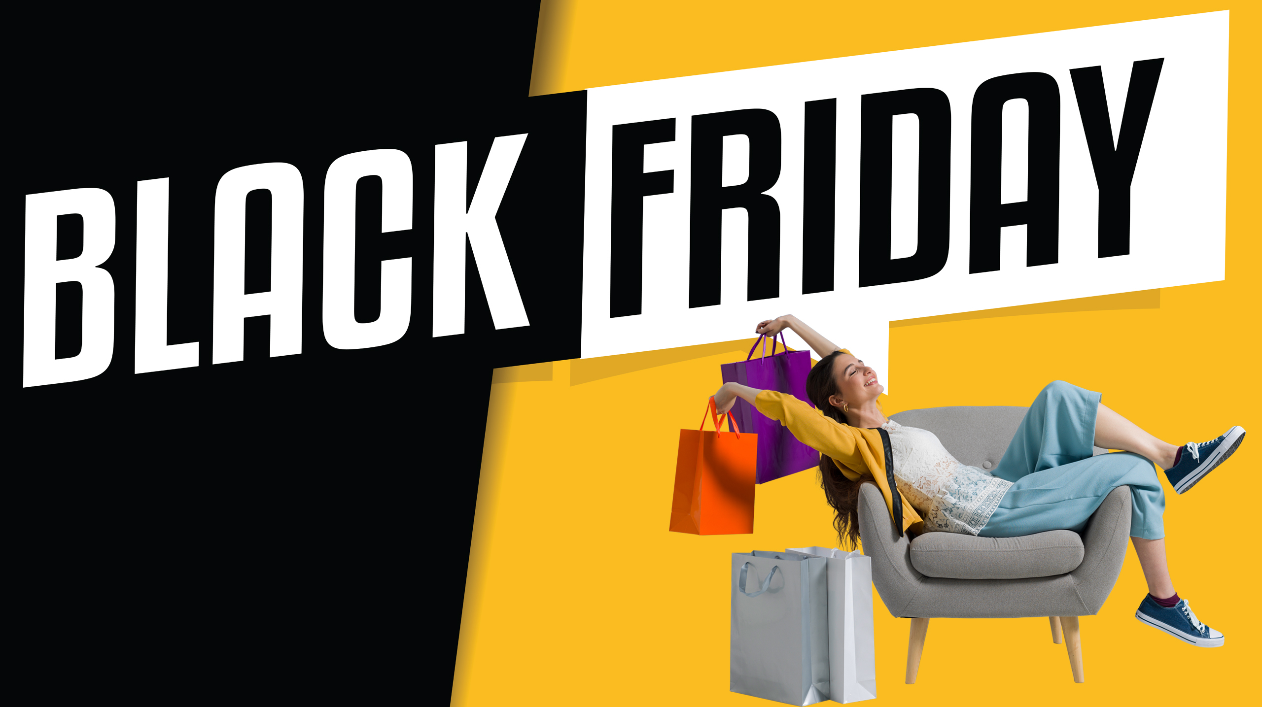 Words Black Friday with a woman in a chair with shopping bags.