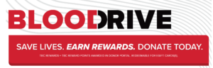 Blood Connection blood drive poster with text Save Lives. Earn Rewards. Donate Today.