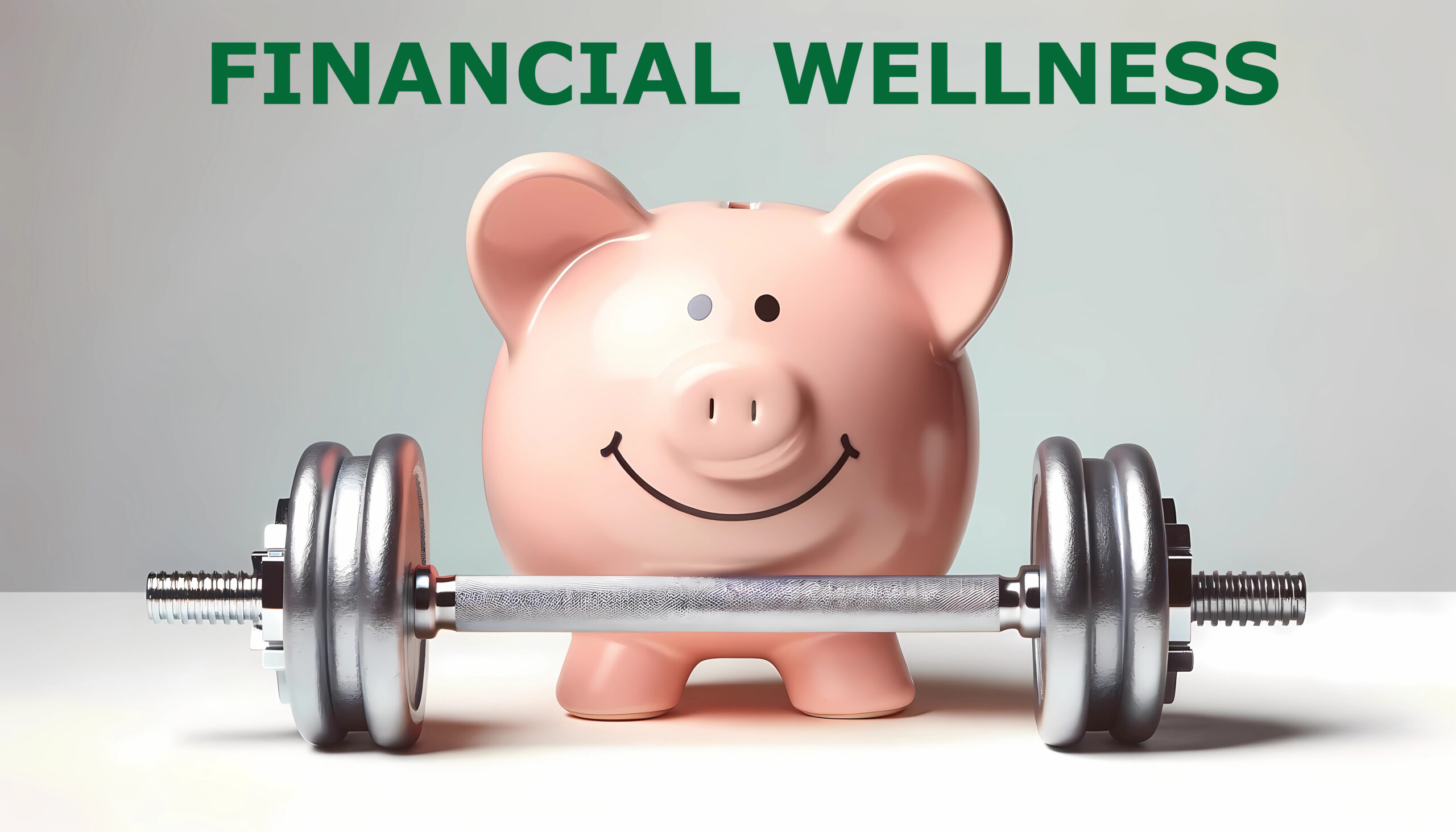 piggy bank with a barbell showcasing financial strength and savings