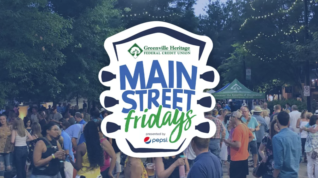 Logo for Main Street Fridays, presented by Pepsi and sponsored by Greenville Heritage Federal Credit Union, with a background of the event on Main Street.