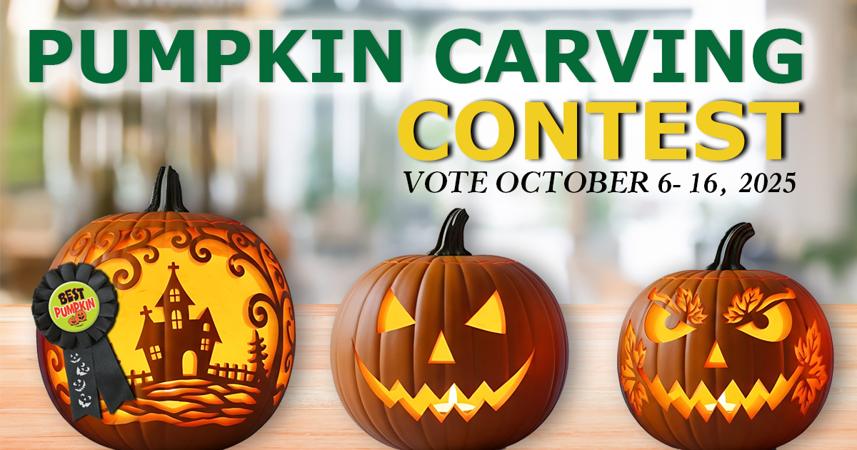 Display of three pumpkins with different carving designs with text "Pumpkin Carving Contest".