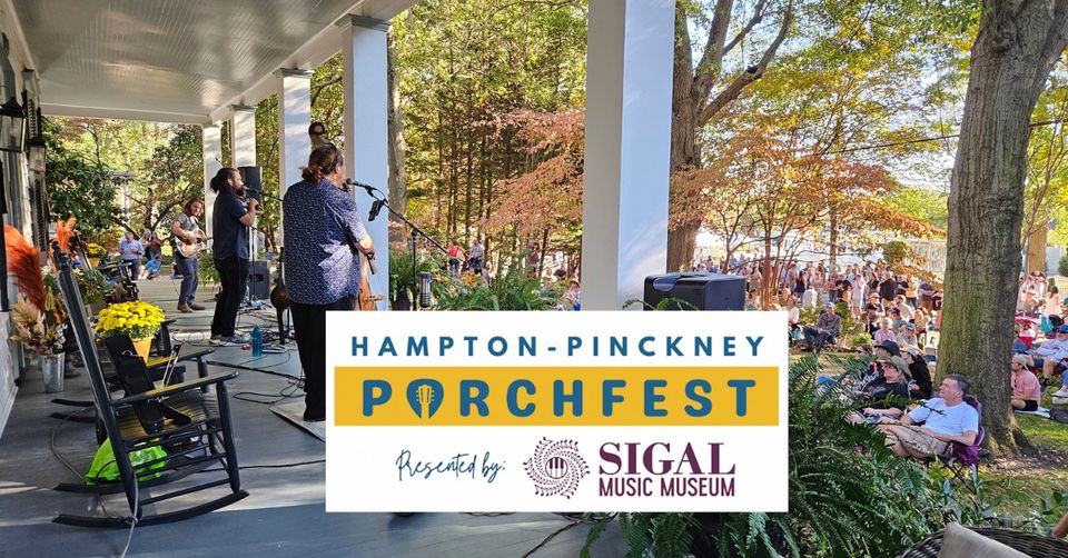 Picture of front porch in Greenville, SC for the Hampton Pickney front porch fest. With text.